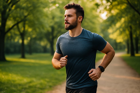 Ein sportlicher Mann joggt durch einen Park – Symbolbild für Biohacking, Bewegung und Langlebigkeit in einem aktiven Alltag.