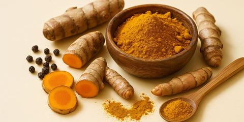 Frische Kurkumawurzel, Kurkumapulver und Pfeffer als symbolische Darstellung für Curcumin und Bioverfügbarkeit.