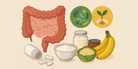 Illustration zum Wiederaufbau der Darmflora nach Antibiotika – zeigt menschlichen Darm, probiotische Lebensmittel wie Joghurt, Sauerkraut, Bananen und Nahrungsergänzungsmittel – ideal für Artikel über Mikrobiom, Probiotika und Präbiotika.