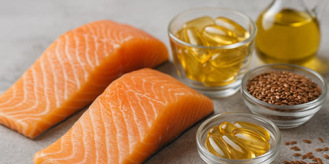 Frisches Lachsfilet, Leinsamen, Omega-3-Kapseln und Öl auf grauer Unterlage – typische Quellen für Omega-3-Fettsäuren in hochwertiger Darstellung