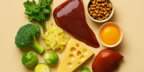 Grünes Blattgemüse, Brokkoli, Käse, Eigelb und fermentierte Lebensmittel – symbolisch arrangiert als Vitamin-K-reiche Ernährung mit K1- und K2-Quellen.