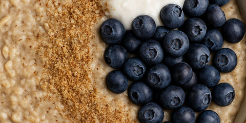 Visualisierung eines darmfreundlichen Frühstücksrezepts: Fermentiertes Haferporridge mit Wildheidelbeeren, Leinsamen, Kokosjoghurt und Ceylon-Zimt