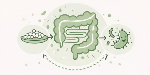 Minimalistische Illustration des Darms mit Darstellung von Symbiotika: Zusammenspiel aus Präbiotika (Ballaststoffe) und Probiotika (gute Darmbakterien) zur Unterstützung der Darmflora.