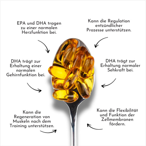 Löffel mit Omega-3-Kapseln und Pfeilen zu gesundheitlichen Vorteilen wie Herzfunktion, Gehirnfunktion, Regeneration und Zellschutz.
