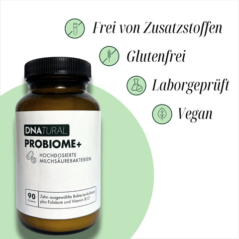 Probiotikum DNATURAL PROBIOME+ mit hochdosierten Probiotika zur Unterstützung der Darmflora – vegan, glutenfrei, frei von Zusatzstoffen und laborgeprüft.